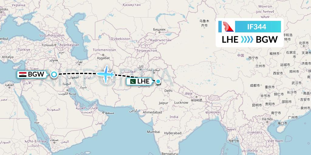 IF344 Fly Baghdad Flight Map: Lahore to Baghdad