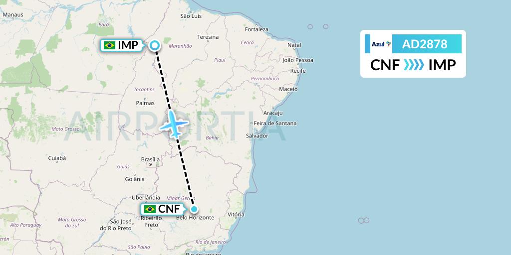 AD2878 Azul Brazilian Airlines Flight Map: Belo Horizonte to Imperatriz