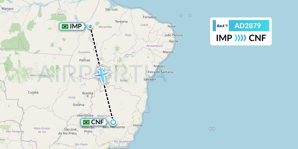 AD2879 Azul Brazilian Airlines Flight Map: Imperatriz to Belo Horizonte