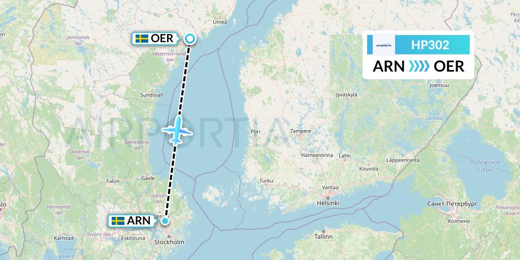 HP302 Amapola Flyg Flight Map: Stockholm to Ornskoldsvik