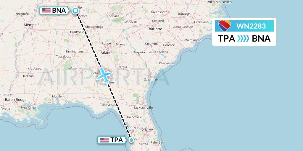 WN2283 Southwest Airlines Flight Map: Tampa to Nashville