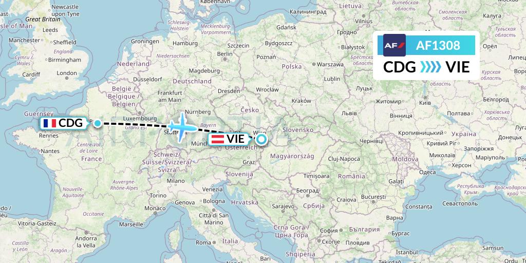 AF1308 Air France Flight Map: Paris to Vienna