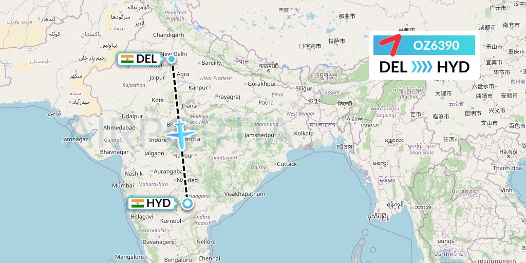 OZ6390 Asiana Airlines Flight Map: Delhi to Hyderabad