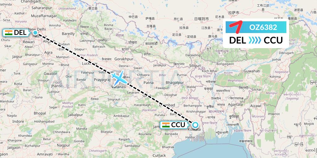 OZ6382 Asiana Airlines Flight Map: Delhi to Kolkata