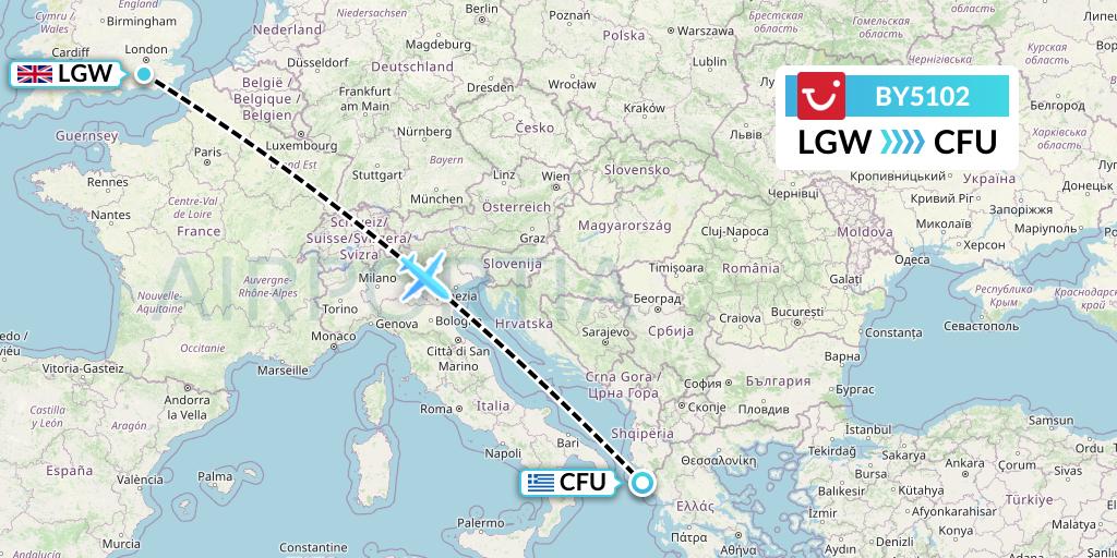 BY5102 TUI Airways Flight Map: London to Corfu
