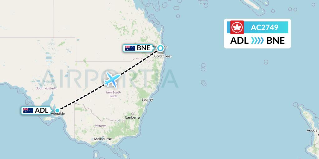 AC2749 Air Canada Flight Map: Adelaide to Brisbane