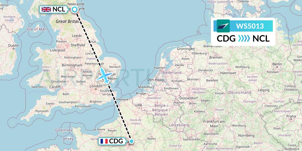 WS5013 WestJet Flight Map: Paris to Newcastle