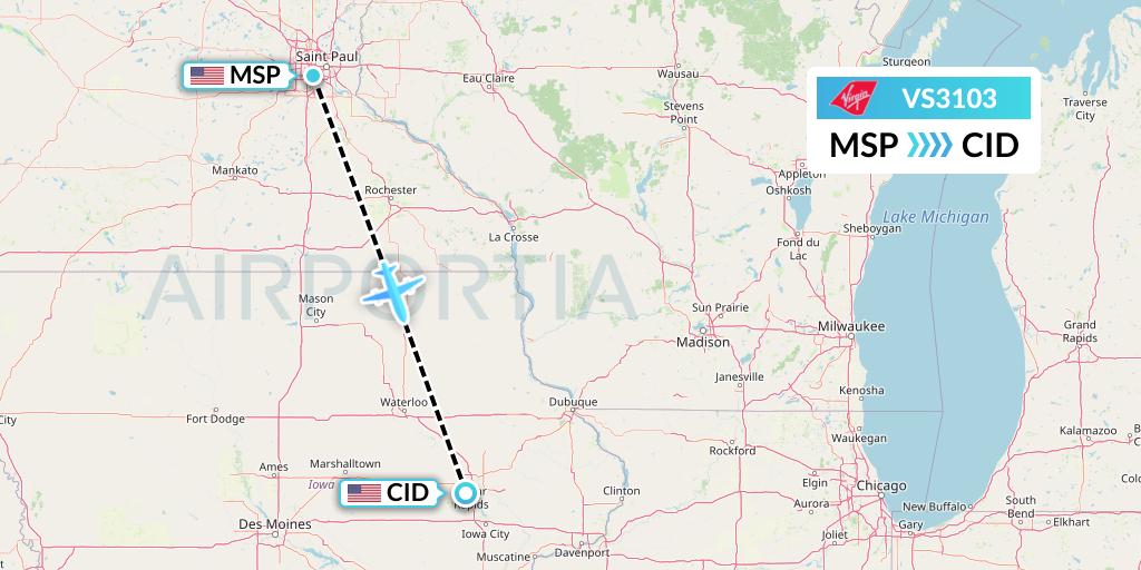 VS3103 Virgin Atlantic Airways Flight Map: Minneapolis to Cedar Rapids