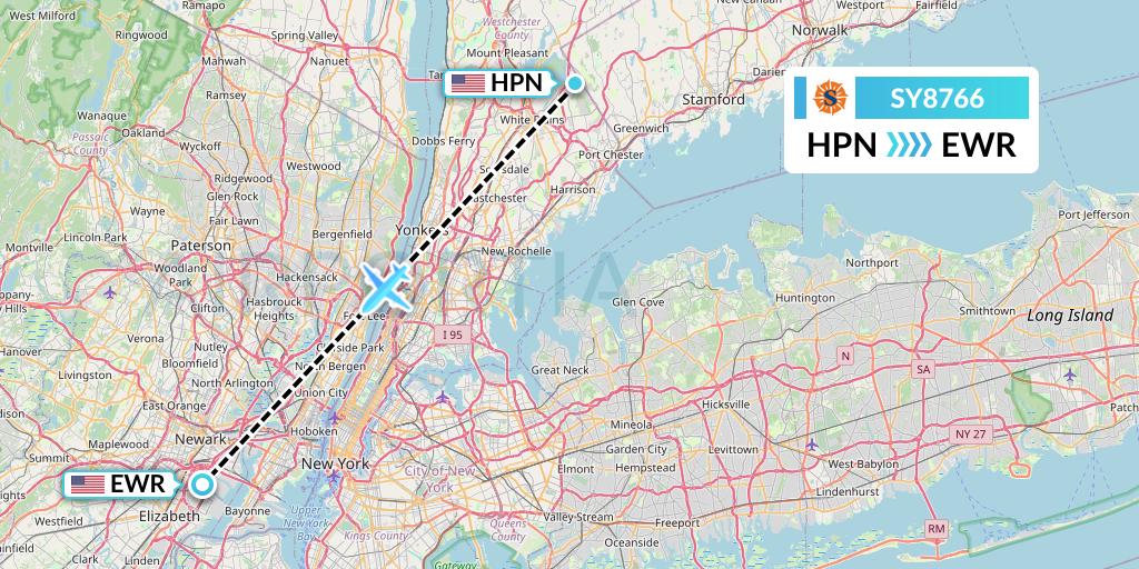 SY8766 Sun Country Airlines Flight Map: White Plains to New York