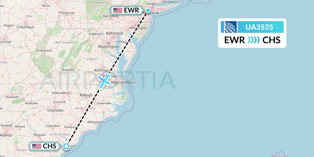 UA3535 United Airlines Flight Map: New York to Charleston