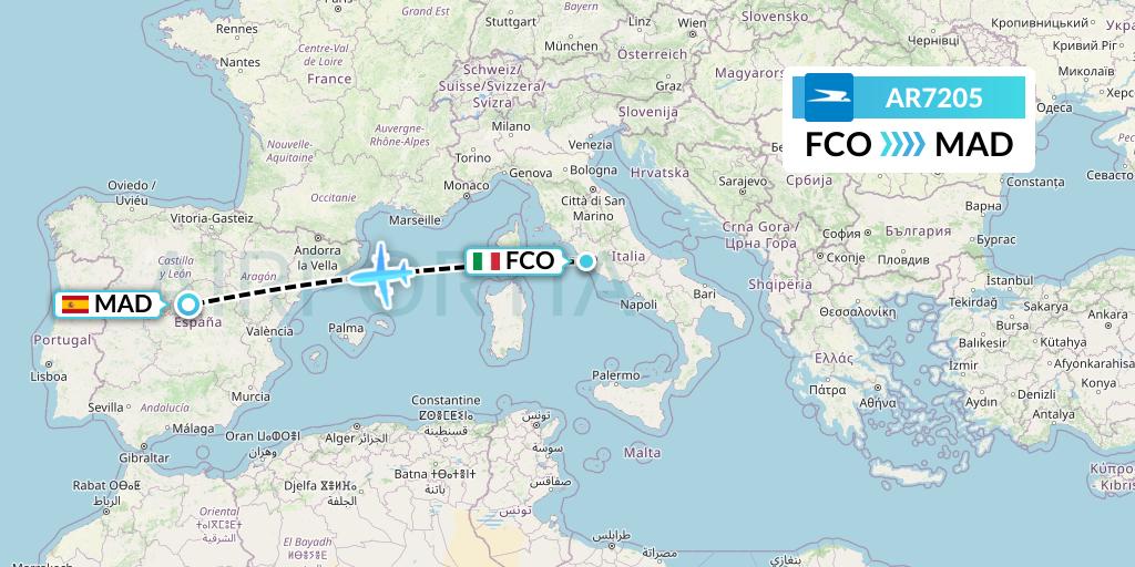 AR7205 Aerolineas Argentinas Flight Map: Rome to Madrid