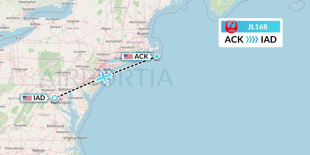 JL168 Japan Airlines Flight Map: Nantucket to Washington