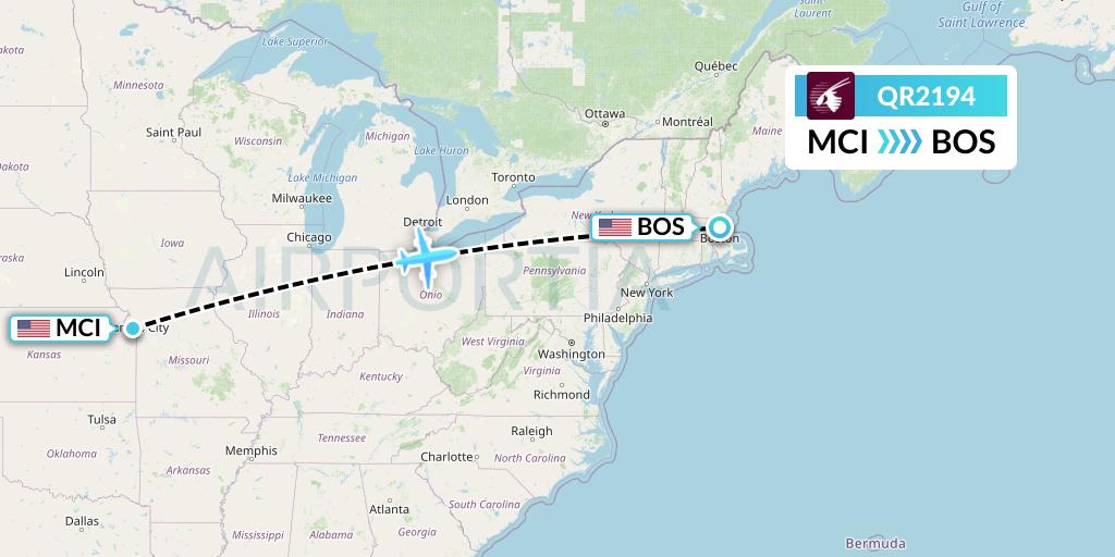 QR2194 Qatar Airways Flight Map: Kansas City to Boston