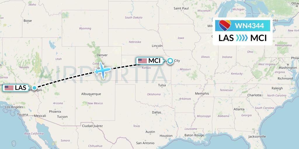 WN4344 Southwest Airlines Flight Map: Las Vegas to Kansas City