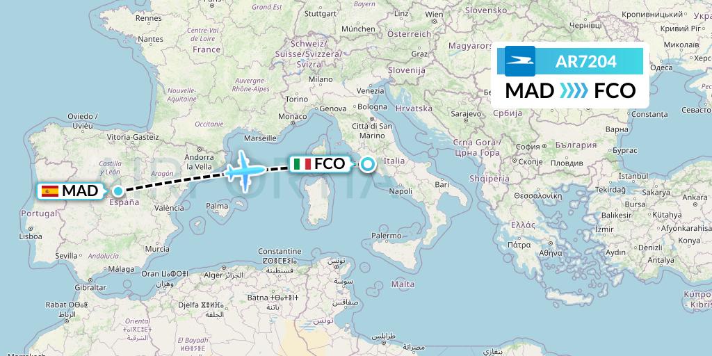AR7204 Aerolineas Argentinas Flight Map: Madrid to Rome