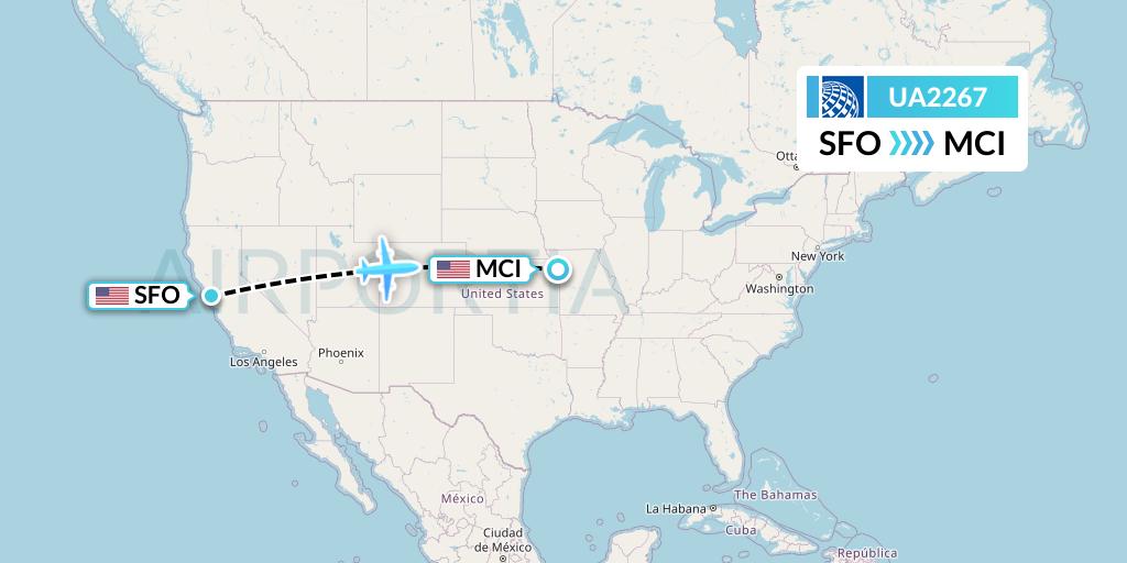 UA2267 United Airlines Flight Map: San Francisco to Kansas City
