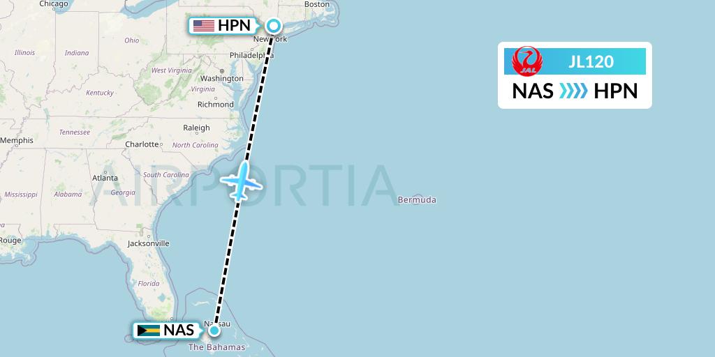 JL120 Japan Airlines Flight Map: Nassau to White Plains