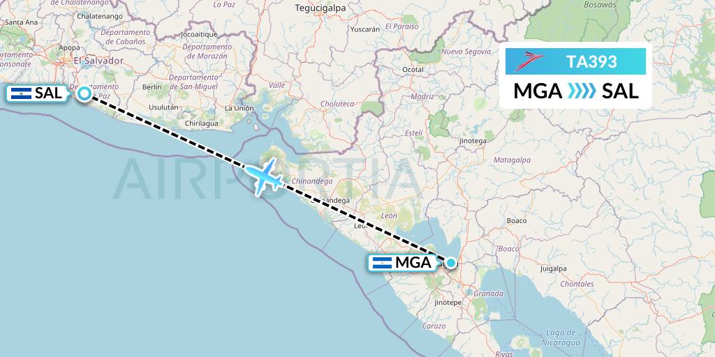 TA393 TACA Airlines Flight Map: Managua to San Salvador