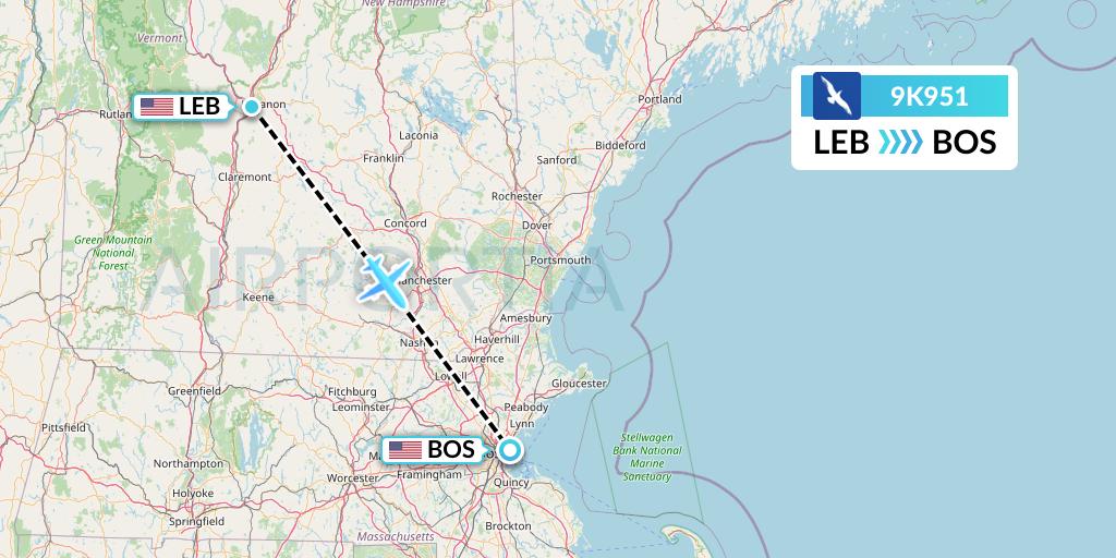 9K951 Cape Air Flight Map: Lebanon to Boston