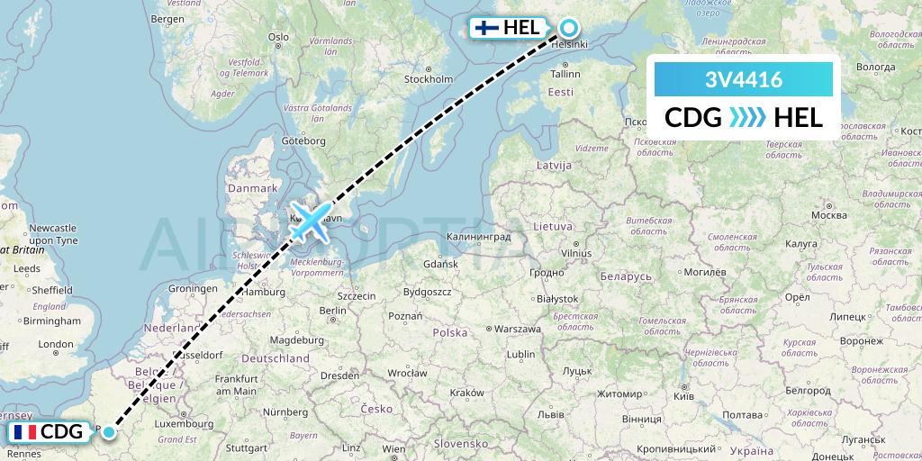 3V4416 ASL Airlines Belgium Flight Map: Paris to Helsinki