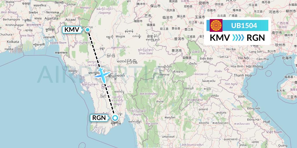 UB1504 Myanmar National Airlines Flight Map: Kalemyo to Yangon