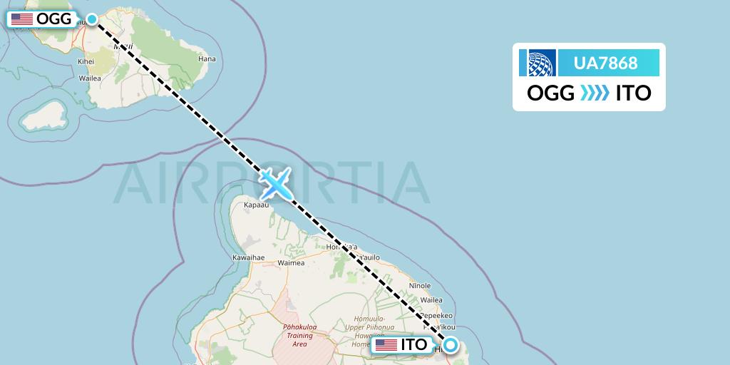UA7868 United Airlines Flight Map: Kahului to Hilo