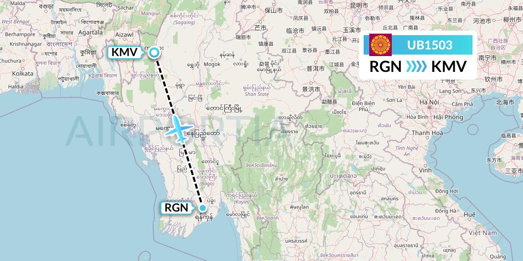 UB1503 Myanmar National Airlines Flight Map: Yangon to Kalemyo