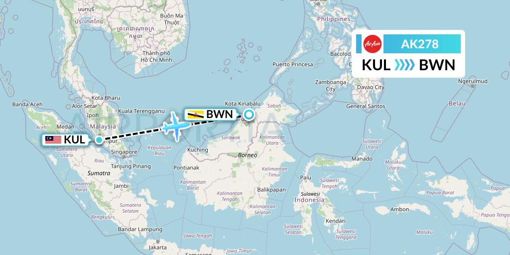 AK278 AirAsia Flight Map: Kuala Lumpur to Brunei
