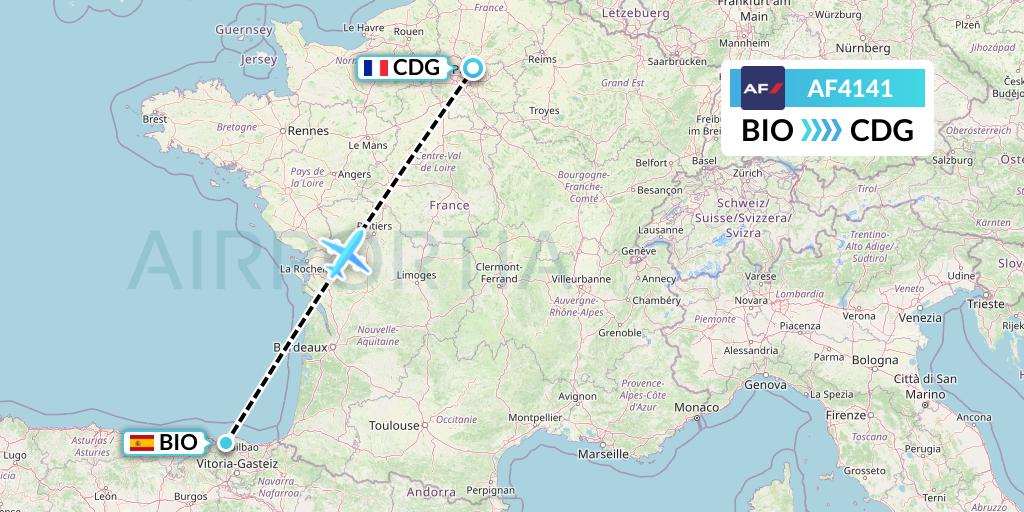 AF4141 Air France Flight Map: Bilbao to Paris