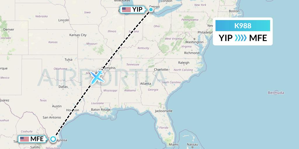 K988 Kalitta Charters Flight Map: Detroit to McAllen