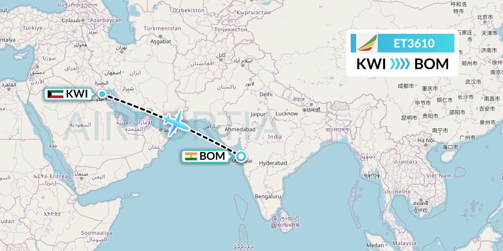ET3610 Ethiopian Airlines Flight Map: Kuwait City to Mumbai