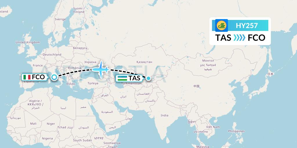 HY257 Uzbekistan Airways Flight Map: Tashkent to Rome