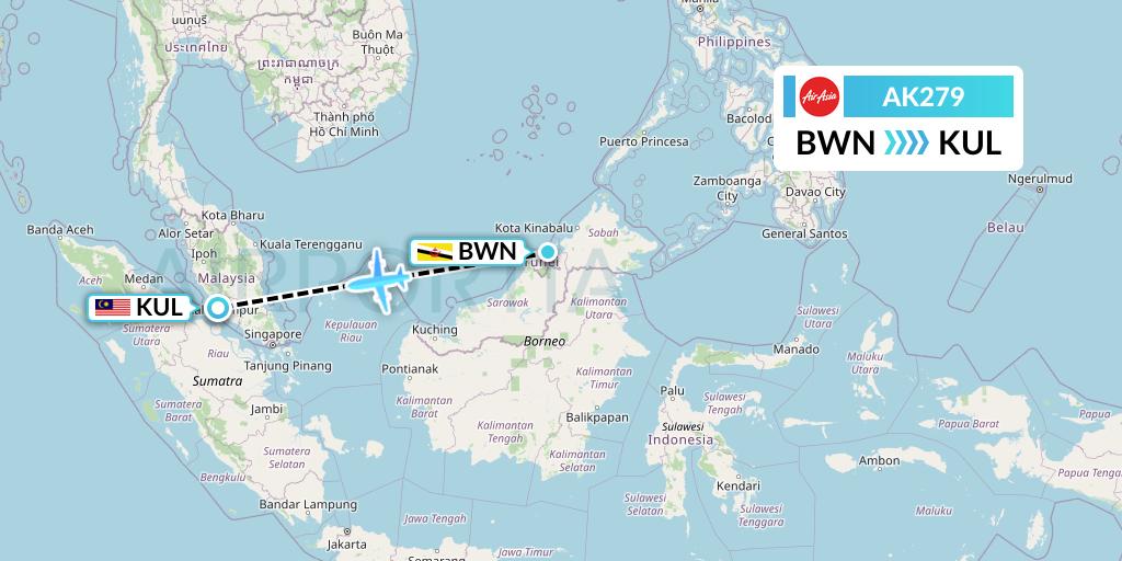 AK279 AirAsia Flight Map: Brunei to Kuala Lumpur