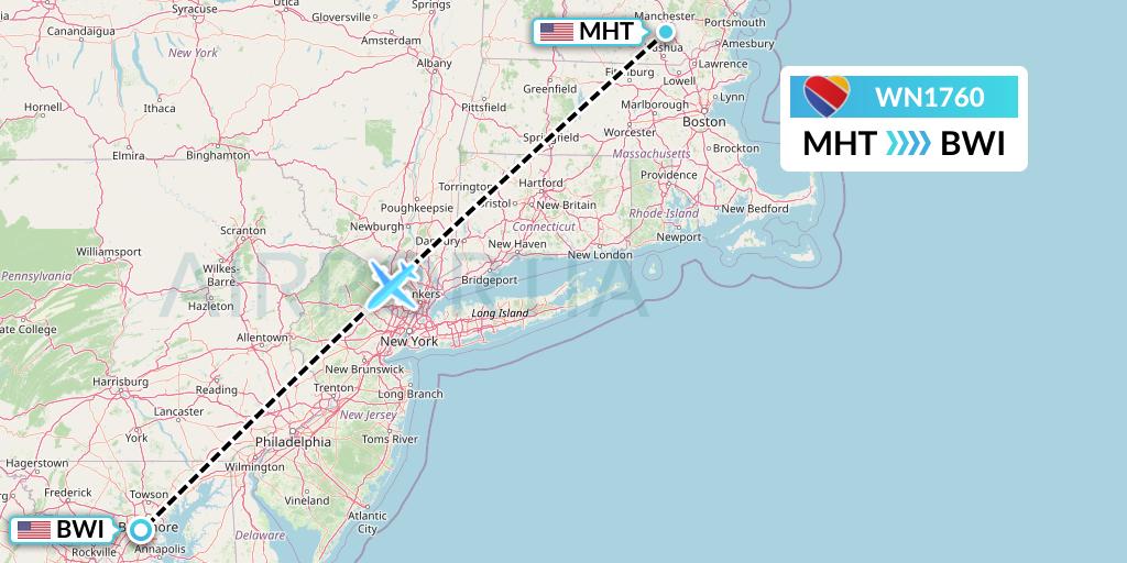 WN1760 Southwest Airlines Flight Map: Manchester to Baltimore