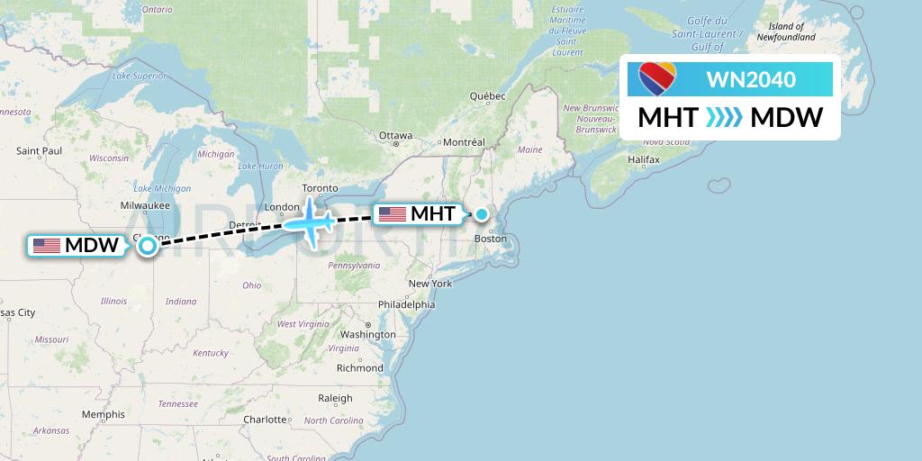 WN2040 Southwest Airlines Flight Map: Manchester to Chicago