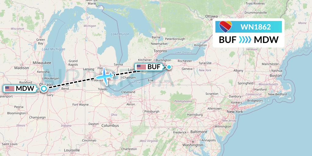 WN1862 Southwest Airlines Flight Map: Buffalo to Chicago