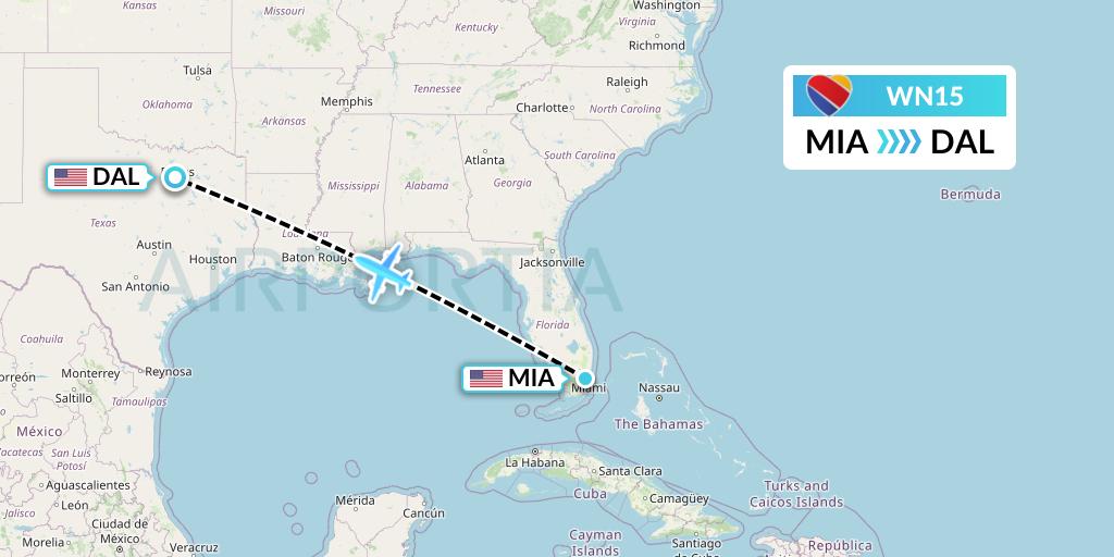 WN15 Southwest Airlines Flight Map: Miami to Dallas