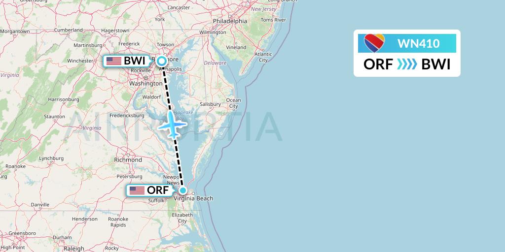 WN410 Southwest Airlines Flight Map: Norfolk to Baltimore