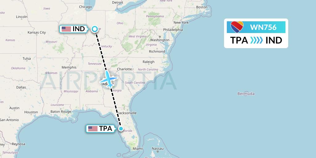 WN756 Southwest Airlines Flight Map: Tampa to Indianapolis