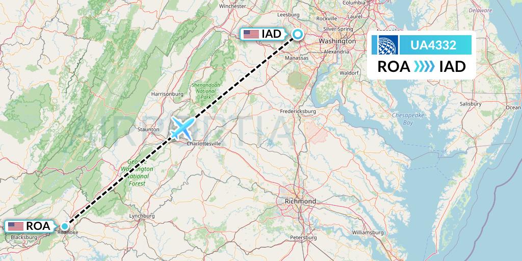 UA4332 United Airlines Flight Map: Roanoke to Washington