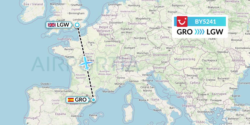 BY5241 TUI Airways Flight Map: Girona to London