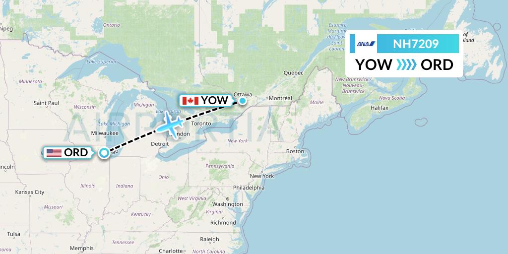 NH7209 All Nippon Airways Flight Map: Ottawa to Chicago
