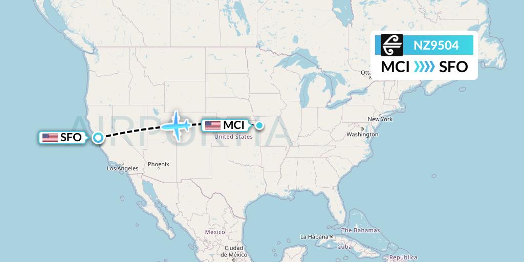 NZ9504 Air New Zealand Flight Map: Kansas City to San Francisco