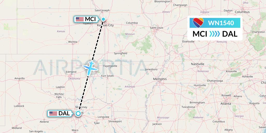 WN1540 Southwest Airlines Flight Map: Kansas City to Dallas