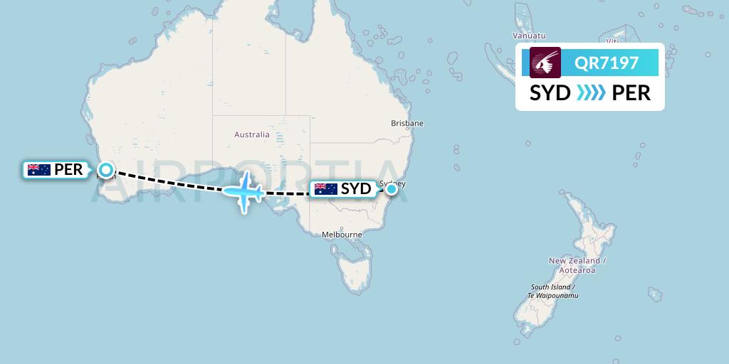QR7197 Qatar Airways Flight Map: Sydney to Perth