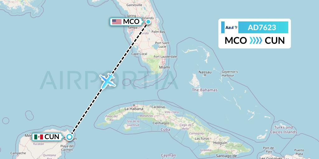 AD7623 Azul Brazilian Airlines Flight Map: Orlando to Cancun