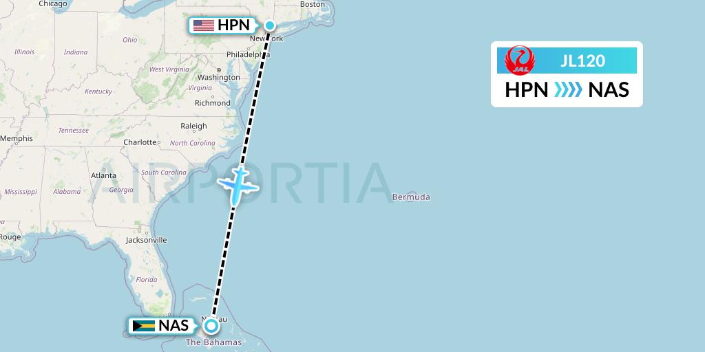 JL120 Japan Airlines Flight Map: White Plains to Nassau