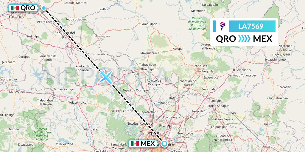 LA7569 LAN Airlines Flight Map: Queretaro to Mexico City