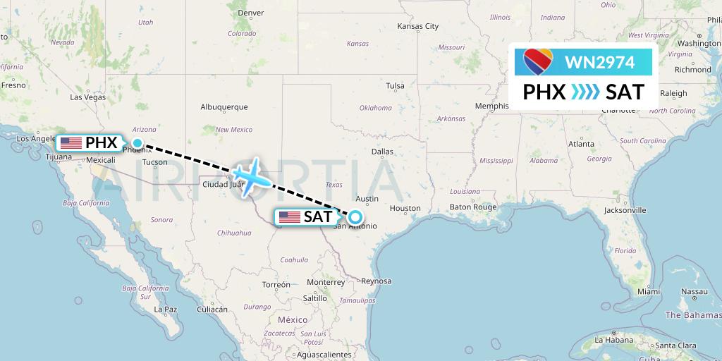 WN2974 Southwest Airlines Flight Map: Phoenix to San Antonio