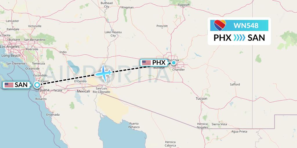 WN548 Southwest Airlines Flight Map: Phoenix to San Diego
